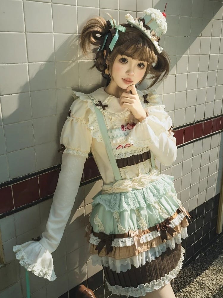 Brown Beige Long Blouse Lolita Sleeves Bowknots with