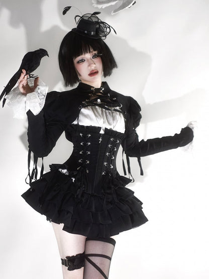 Lace-Up Boned Corset with Ruffle Details in Black - Moonveil Manuscript