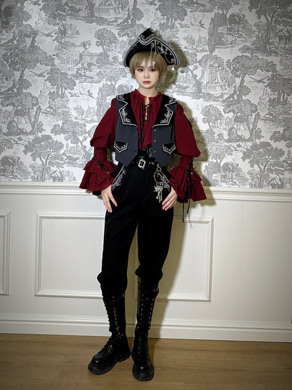 Ouji Red Lace-up Long Details Pirate Sleeves Vibes Shirt Lolita with