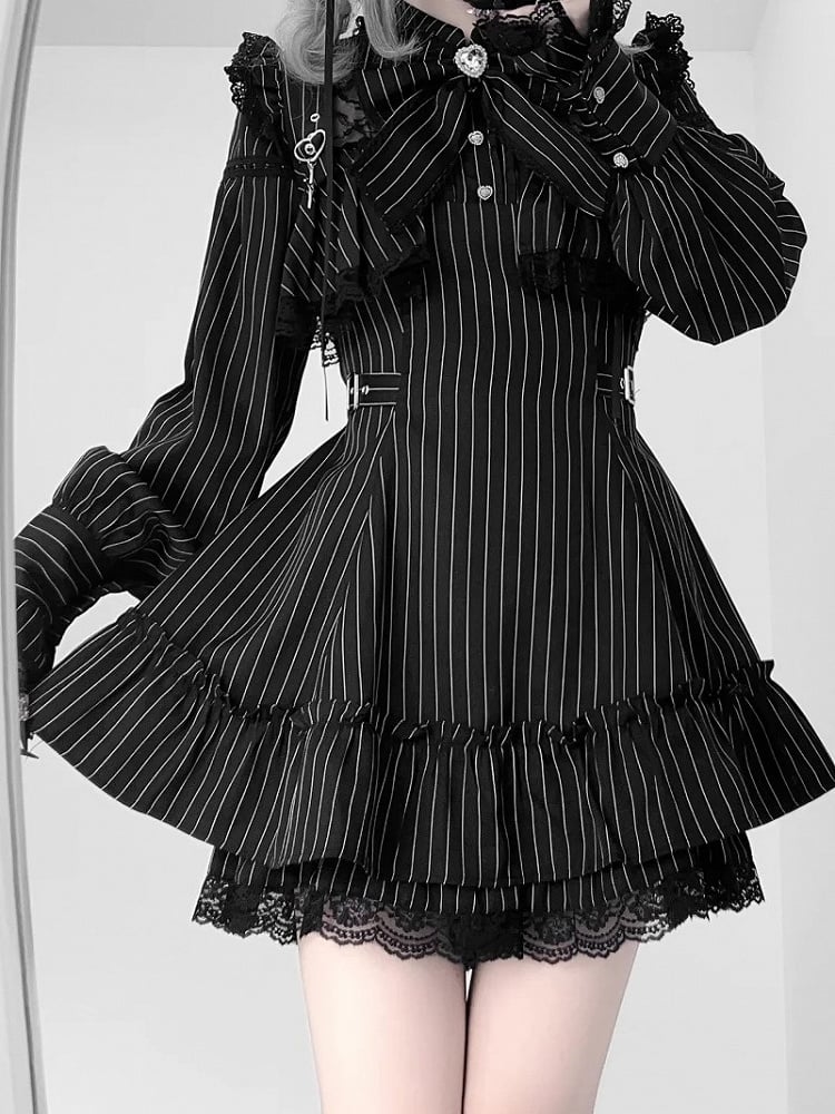 Tie Ruffled Matching Kei Striped Set Dress Jirai Long-Sleeve Bow Lace Shorts Black +