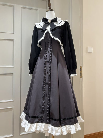 Grau-schwarzes, gefälschtes zweiteiliges Kleid mit Rüschenausschnitt