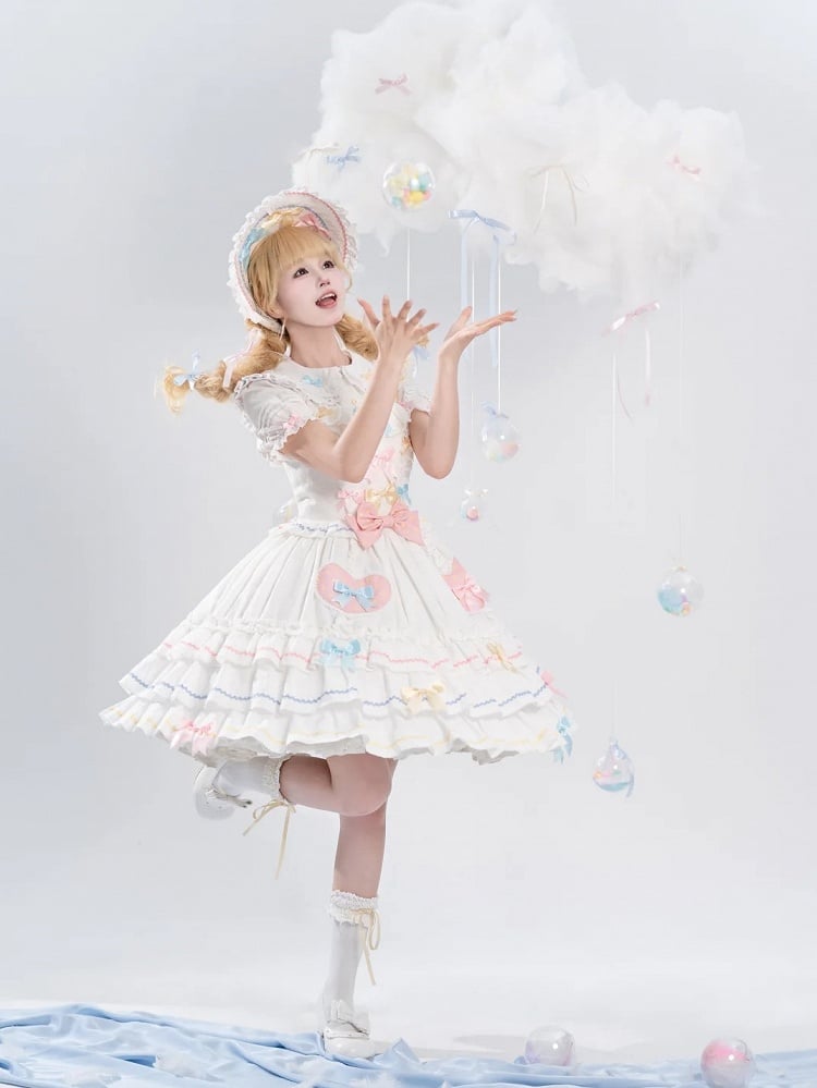 Bowknots White Ruffled Lace Trim Bonnet Macaron Color