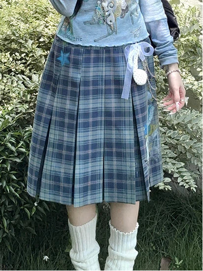 Plaid Vintage Blue Skirt Printed Pleat Box