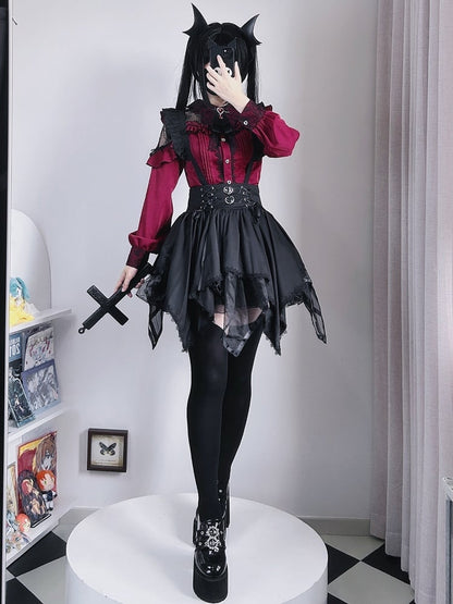 ジライケイ ワインレッド コウモリの羽根型襟 レースパッチ 地雷風シャツ