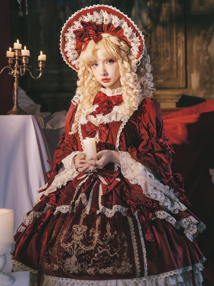 Sleeves Embroidery Dress Bell Candle Red Velvet and Candlestick