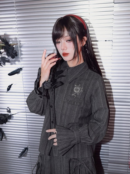 Blouse Stripe Vintage Embroidered Gothic Chinese Gray Placket Diagonal Flare Sleeve