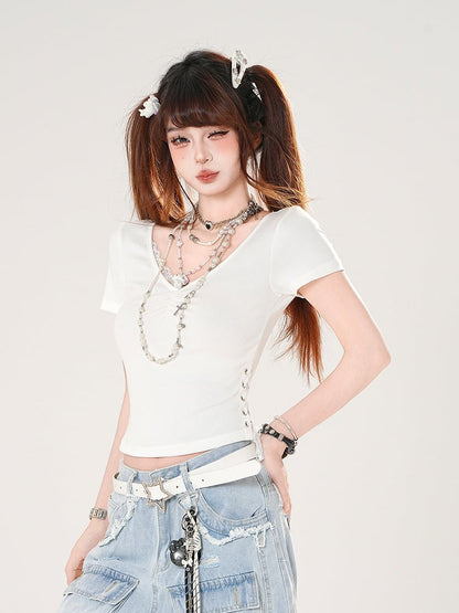Slim-fitting T-shirt White/Black Side V-neck Lace Trim Lace-up