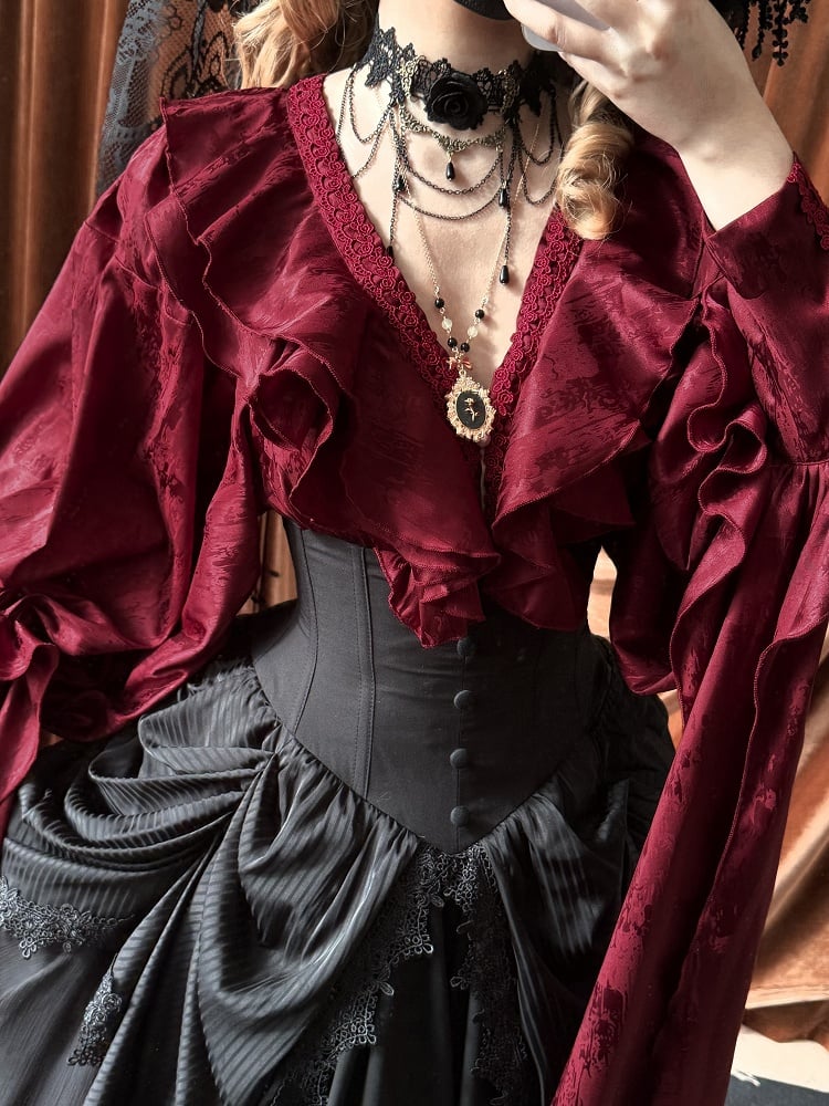 Sleeves Shirt Lolita Gothic Structured Ruffles Long V-neck Red