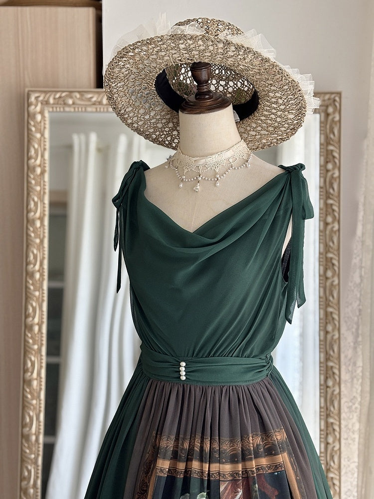 Dark Green Cat Oil Painting Print Elegant Lolita Maxi Dress with Cowl Neckline and Tie Straps