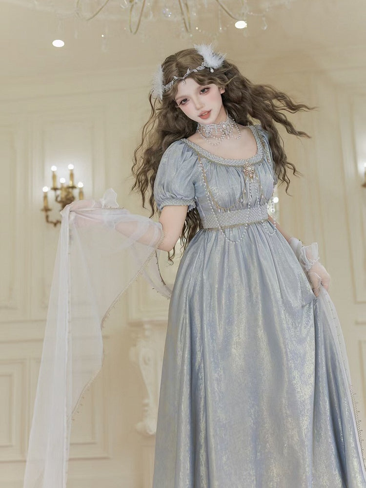 Blue Empire Waist Lolita OP Dress with Beadwork - Qian Mu