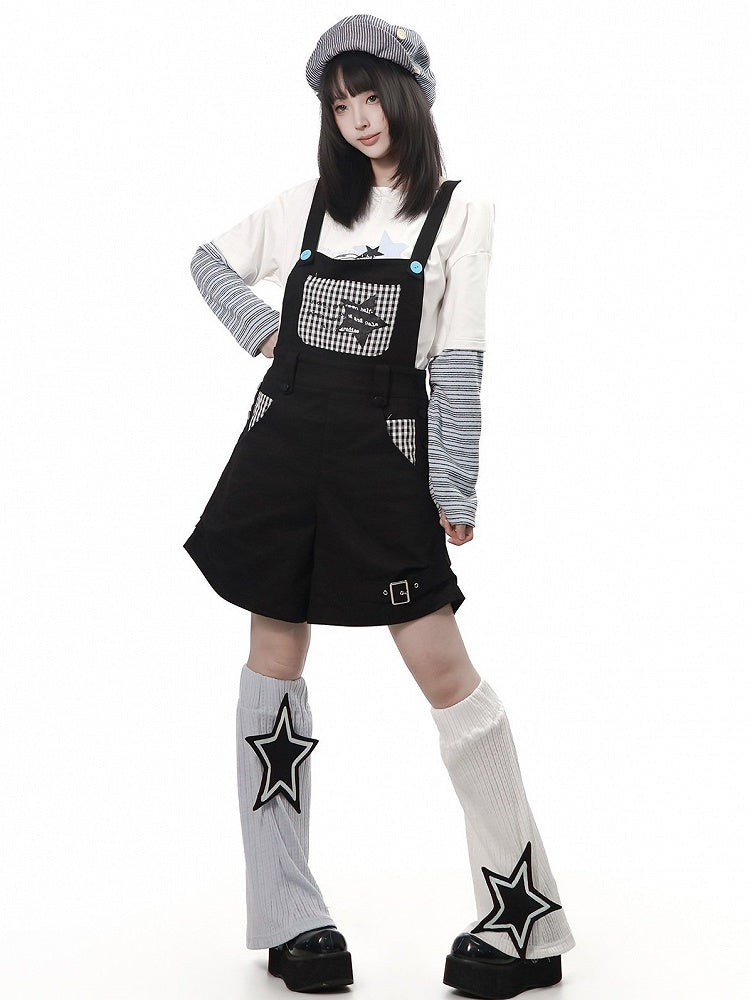 Daily Kawaii Black Plaid Spliced Overall Shorts - PINK SAVIOR