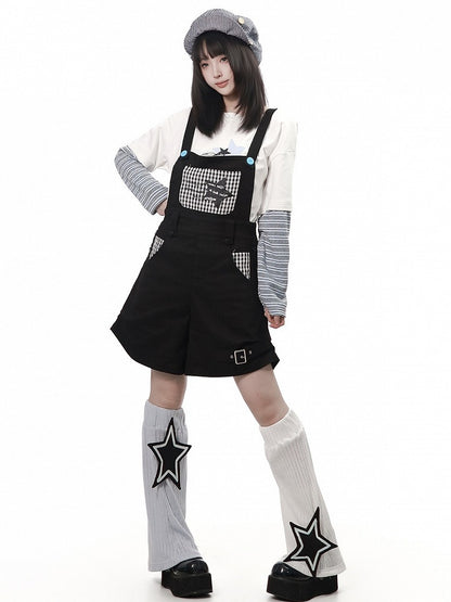 Daily Kawaii Black Plaid Spliced Overall Shorts - PINK SAVIOR