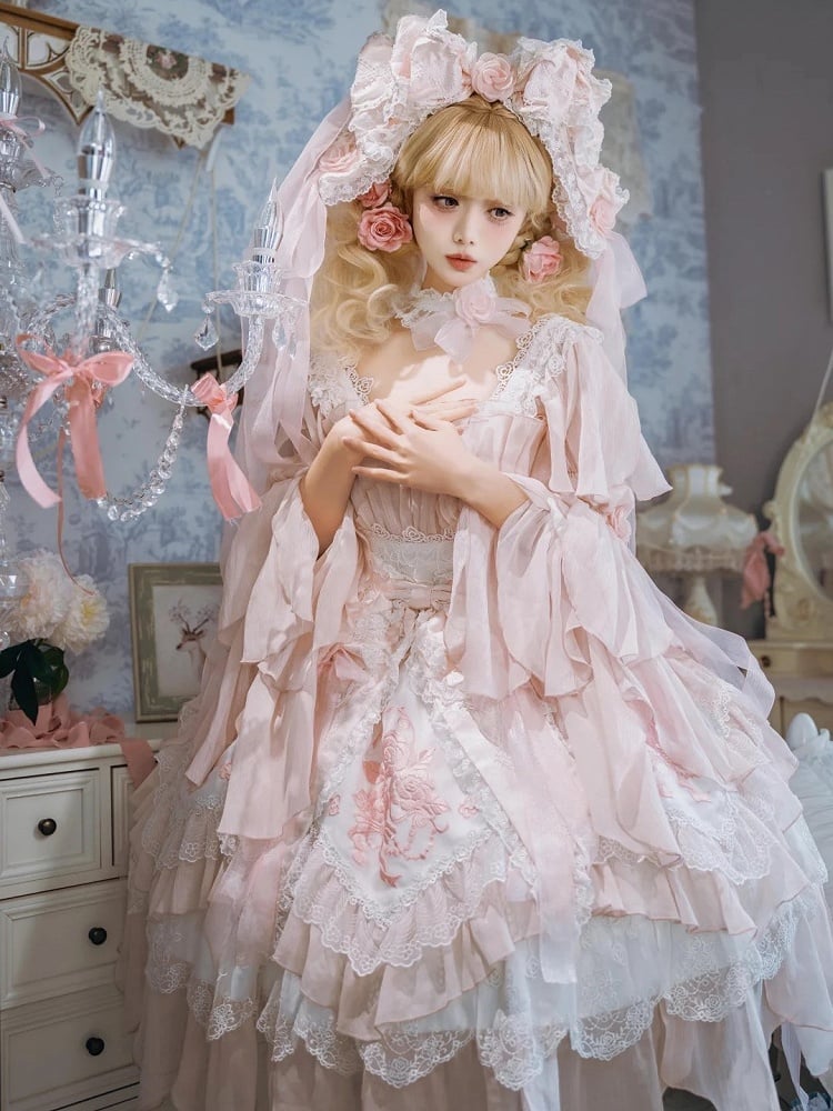Version JSK Dress Hanayome Lolita Accents Pink with Light Short Flowing Ruffles Rose Layered