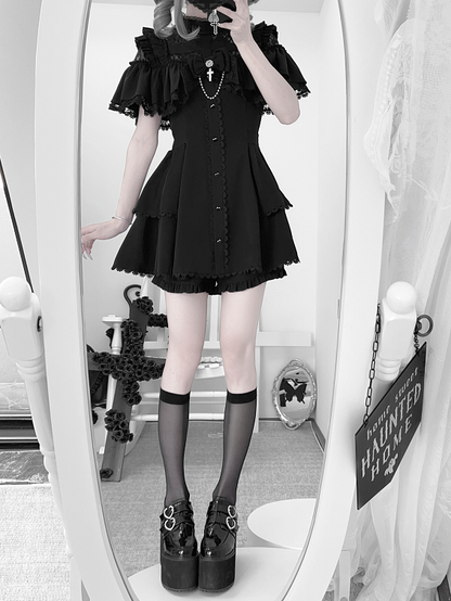 Black Jirai Kei Short Sleeve Two-Piece Set: Criss-Cross Illusion Neck Dress & Coord Shorts
