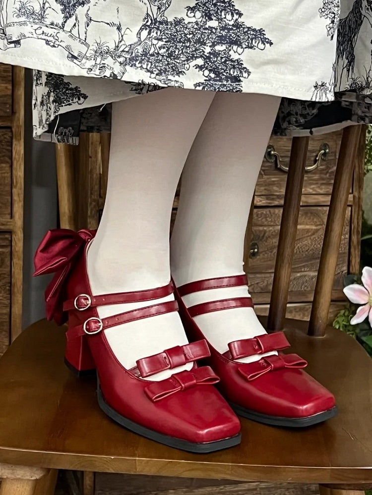 Quadratische Lolita-Absätze mit Blockschnallen, rot, doppelte elegante Schleife, hoch – Weinrot, 6,5 cm Zehenakzente