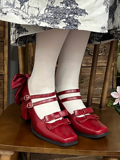 Square Lolita Block Buckles Heels Red Dual Elegant Bow High - Wine 6.5cm Toe Accents