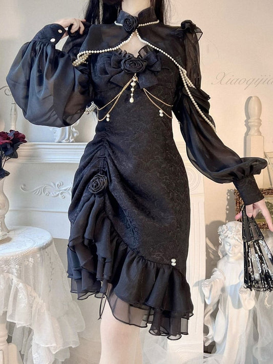 Perlen-Jacquard-Rüsche, Kamelie, Schwarz, Lolita, Meerjungfrau, Dekorationsdetail, JSK, Rosensaum