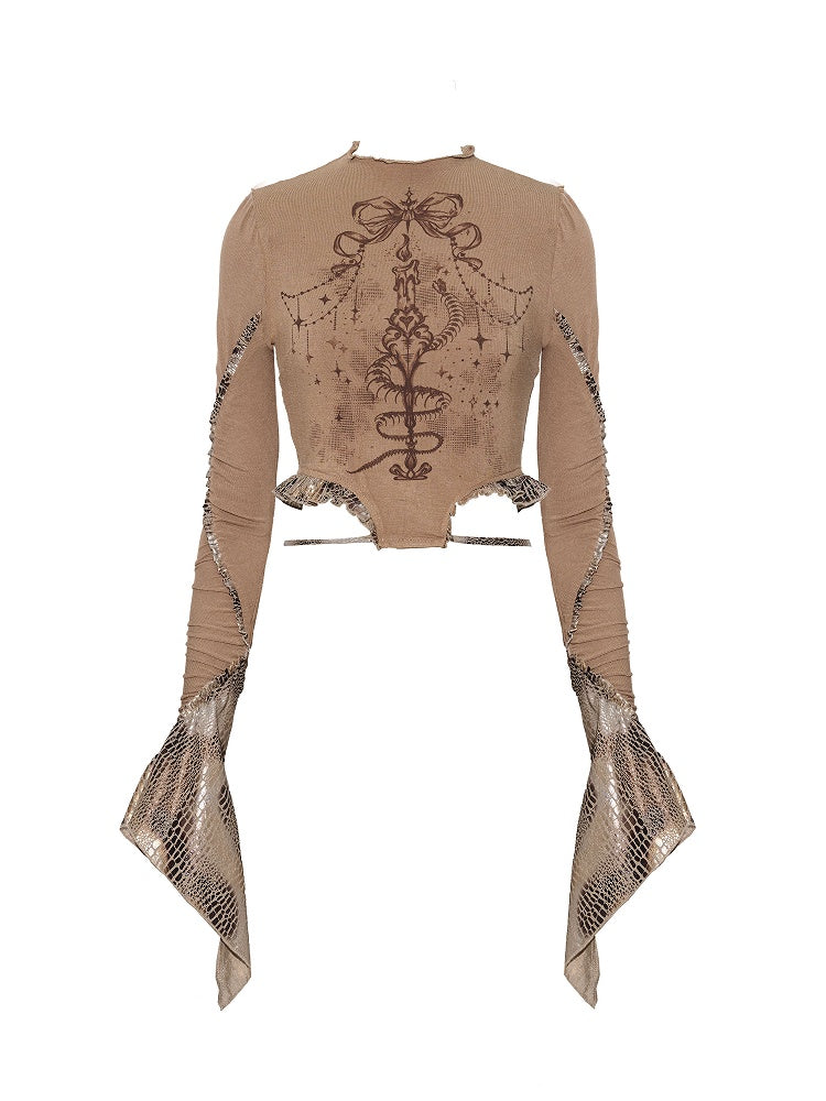 Snakeskin Top Punk Wasteland Pattern Sleeves Print Bell Design Brown