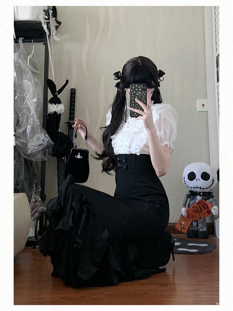ロリータホワイトピースブラックエレガントツーデザインマーメイドドレスウエストスカートボーンフェイクブラウス