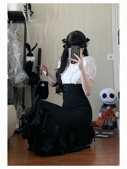 ロリータホワイトピースブラックエレガントツーデザインマーメイドドレスウエストスカートボーンフェイクブラウス