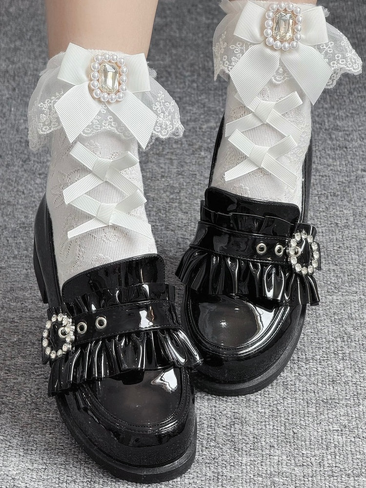 Jirai Detachable Polished Loafers Rhinestone - with Trim Design Black Slip-On Kei Beads And Decor Bow Ruffle