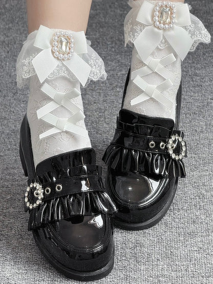 Jirai Detachable Polished Loafers Rhinestone - with Trim Design Black Slip-On Kei Beads And Decor Bow Ruffle