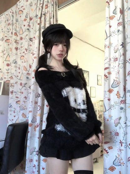 Off-Shoulder Plush Puppy Sweater with Sweetheart Buckle Adorable Black