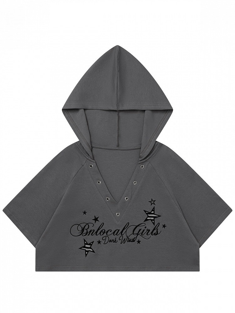Gray V-Neck Short Sleeve Cropped Hooded Shirt with Letter Embroidery - Languid Park