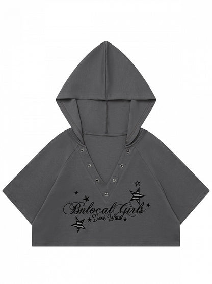 Gray V-Neck Short Sleeve Cropped Hooded Shirt with Letter Embroidery - Languid Park