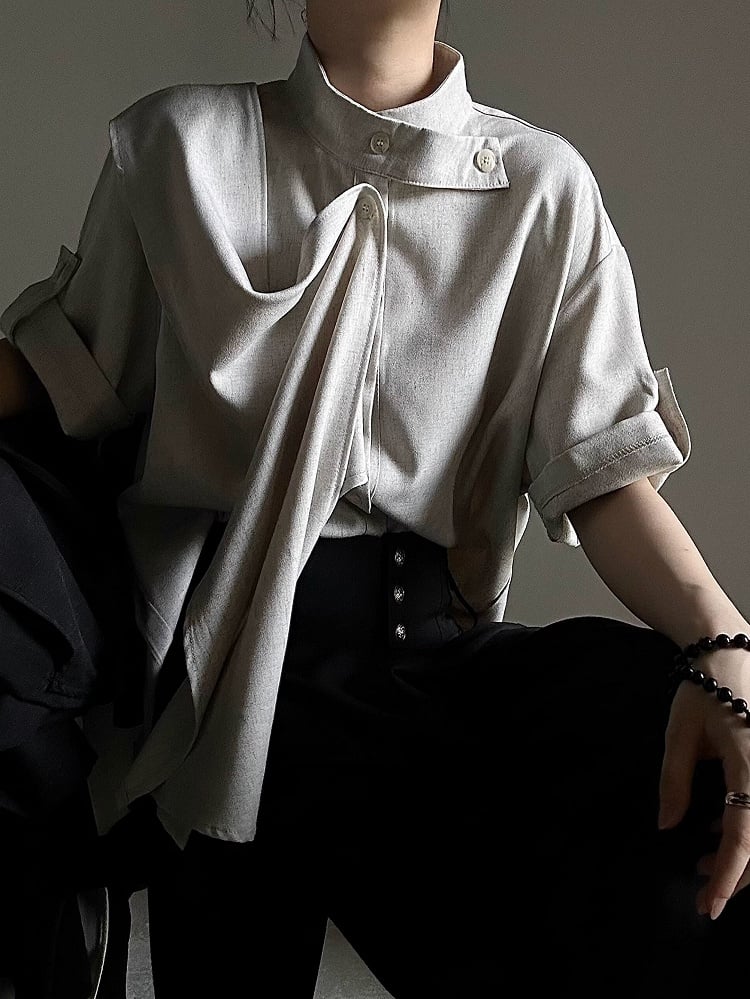 Short Shirt Unisex Collar Extended Sleeve Stand with Beige