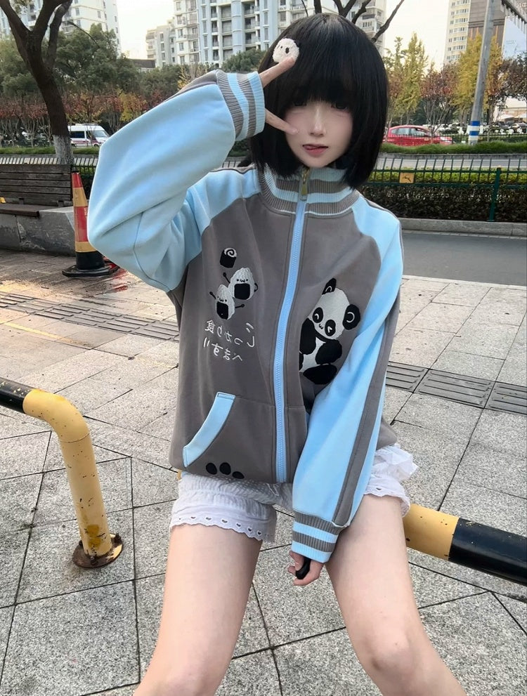 Zip-Up Panda with Alt-Kawaii Fleece and Blue Jacket Gray