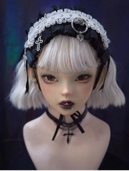 Gothic Black & White Lace Headband with Cross Accents - Strange Sugar