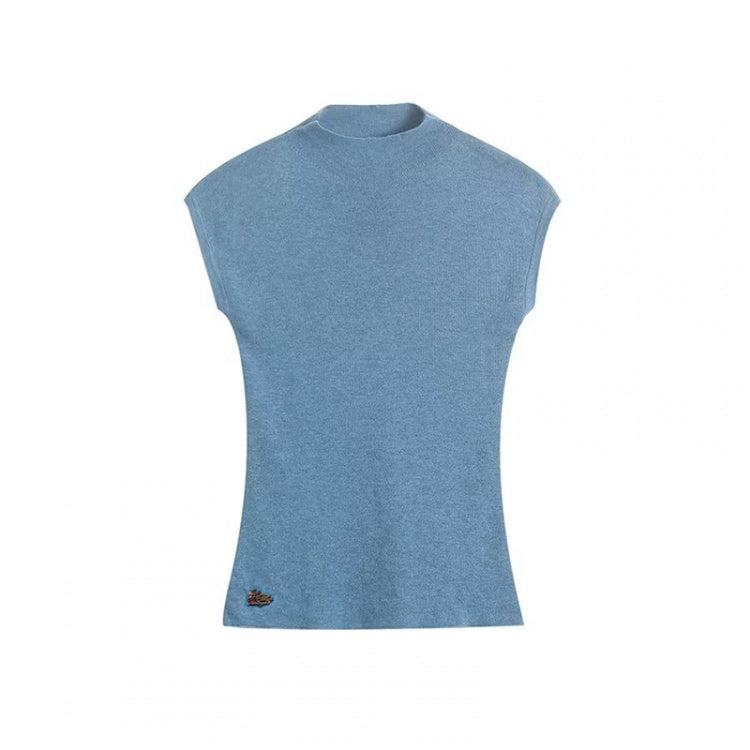 Vintage Schwarz Blau Ärmelloses Stricktop