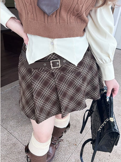 Plus Size Plaid White Skirt Brown / Shirt Pleated Preppy