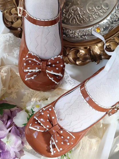 - Bow Brown Dot PU Polka Round Low Toe Lolita Buckle Sweet Bear Heels Accent