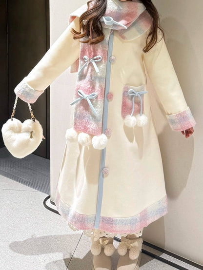 Sweet Plaid with Pom-Pom Scarf Set and + Coat Creamy Winter Lolita Accents White Bow