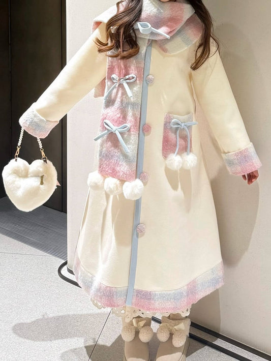 Sweet Plaid with Pom-Pom Scarf Set and + Coat Creamy Winter Lolita Accents White Bow