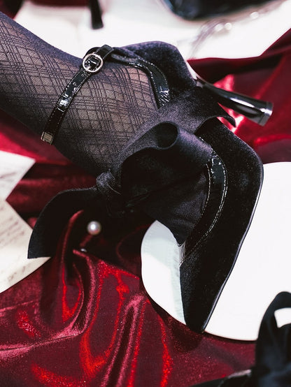 Shoes Black Bow Decor Toe Pointed Design High-heel Velvet Knotted