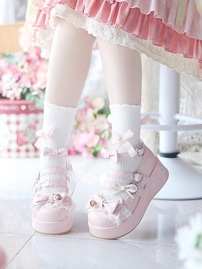 Details Buckles Pink Sweet Platforms - Lolita Heart Bow with Edging Lace