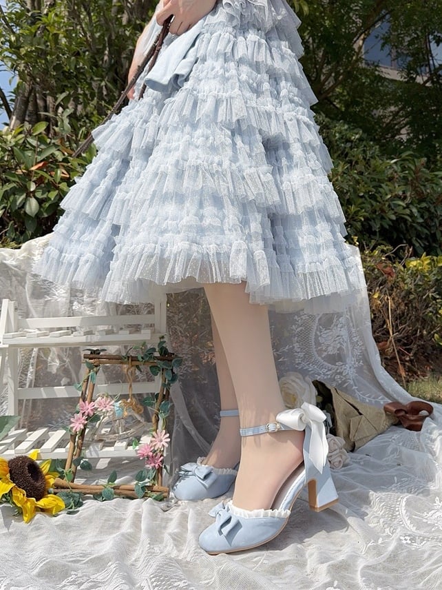 Classic Bowknot PU Details Mid-heel Blue in Ruffles with Lolita Shoes Trim Leather