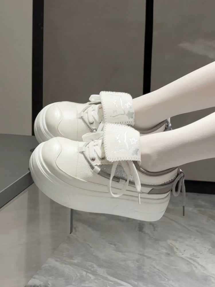 Canvas White Print Lace-up Kawaii Daily Cat Design with Sneakers