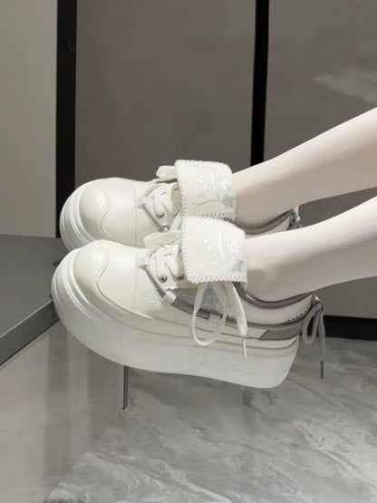 Canvas White Print Lace-up Kawaii Daily Cat Design with Sneakers