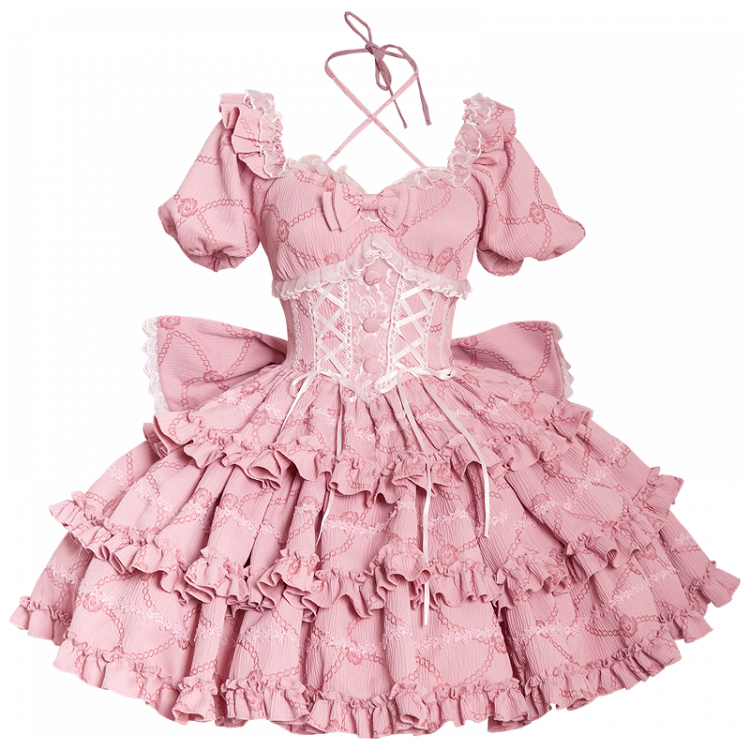 Rüschen hinten groß an Schleife Ausverkauf Rock Größe Lolita Taille Kleid Prinzessin Brust 86-96CM OP M mit für Korsett - Pink