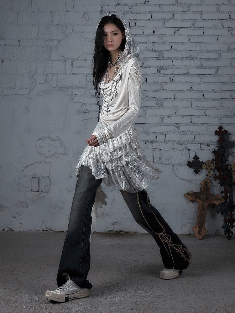 Print Hood Lace Cross Hem Tiered Punk with Asymmetric Apricot Dress