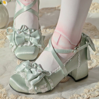 Elegant Green with Heart Snap Mid Detailing Closures Satin Light Heels Bow Lace Lolita in