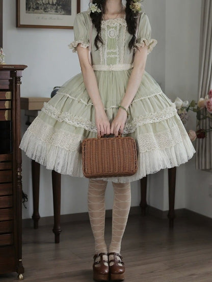 Green Square Neck Lace OP Dress - Tiny Garden
