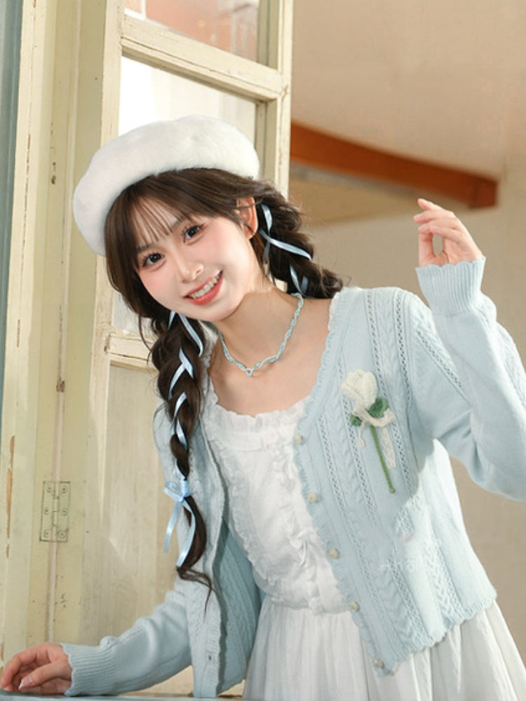 Yume Kawaii Blue Floral Embellishment Knitted Cardigan