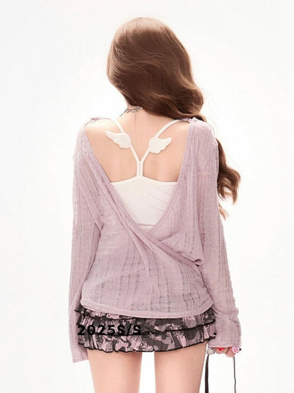 Deep with Cover-Up Loose Sun Cardigan V-Neck Purple Knit Protection