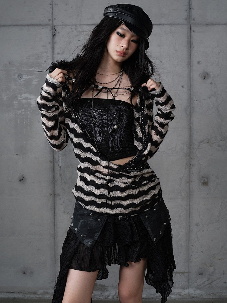 White with Vintage Set Deconstructed Fur Design Bustier Black Striped Top Faux Knit