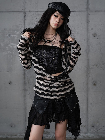 White with Vintage Set Deconstructed Fur Design Bustier Black Striped Top Faux Knit